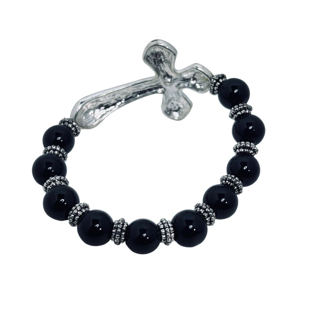 Silver Tone, Black & Clear Rhinestone Beaded Cross Stretch Bracelet (5495) - Picture 3 of 3